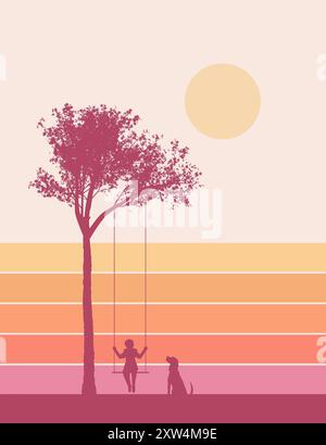 Une jeune fille est assise sur une balançoire d'arbre avec son chien à côté d'elle dans la soirée avant le coucher du soleil dans une image graphique qui est une illustration. Banque D'Images