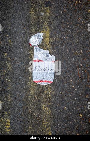 Des canettes de bière Budweiser écrasées sur le sol Banque D'Images