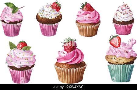 Saveur différente de cupcakes illustration vectorielle, ensemble d'icônes bonbons colorés Illustration de Vecteur