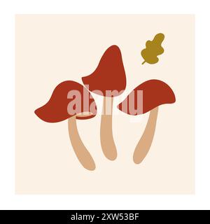 Trois champignons rouges avec des tiges brunes et une petite feuille dans un fond neutre Illustration de Vecteur