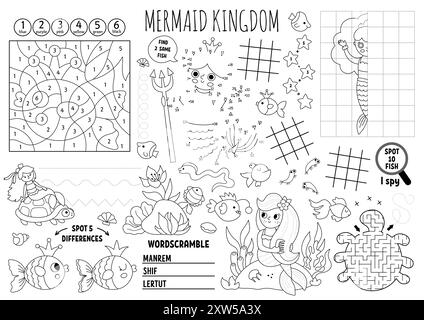 Napperon de sirène vectorielle pour les enfants. Ocean Kingdom tapis d'activité imprimable avec labyrinthe, TIC tac toe graphiques, connecter les points, trouver la différence. Pr. Sous-marine Illustration de Vecteur