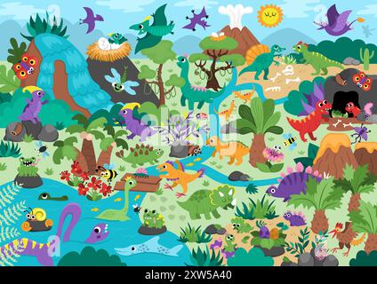 Illustration de paysage de dinosaure vectoriel. Joli paysage préhistorique avec des montagnes, des forêts, des plantes et des animaux anciens. Scène détaillée drôle avec Pteroda Illustration de Vecteur