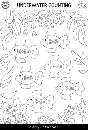 Simple match le jeu de sirène de numéros avec du poisson. Noir et blanc conte de fées Ocean Kingdom activité mathématique ou coloriage. Nombre éducatif de lignes marines Illustration de Vecteur