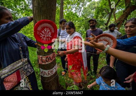 Mumbai, Inde. 17 août 2024. MUMBAI, INDE - 17 AOÛT : les amoureux de la nature à Mumbai ont célébré Raksha Bandhan en attachant des rakhis aux arbres dans la colonie d'Aarey, le 17 août 2024 à Mumbai, en Inde. (Photo de Satish Bate/Hindustan Times/Sipa USA ) crédit : Sipa USA/Alamy Live News Banque D'Images