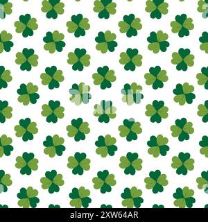 Le trèfle quatrefoil laisse un motif sans couture isolé sur blanc. Symbole bonne chance en vert monochrome. St Patrick Greeting ou invitations concept de conception de papier peint isolé sur illustration vectorielle blanche Illustration de Vecteur