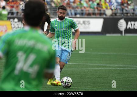 Seattle, États-Unis. 17 août 2024. Le milieu de terrain des Seattle Sounders FC João Paulo (6) passe le ballon dans un match de la Coupe des ligues contre le LAFC au Lumen Field à Seattle, Washington, le 17 août 2024. (Crédit photo Nate Koppelman/Sipa USA) crédit : Sipa USA/Alamy Live News Banque D'Images