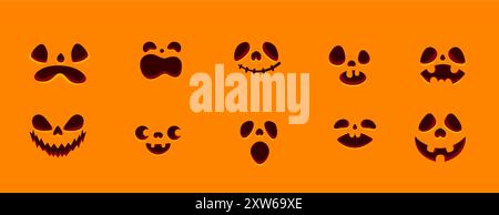 Visages drôles pour l'ensemble d'icônes vectorielles de couleur plate d'objets de sculpture de citrouille d'Halloween. Paquet d'illustration de grimaces de monstres mignons sur fond orange Illustration de Vecteur