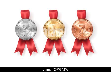 Récompense de médaille gagnante avec des rubans et des arcs illustration vectorielle réaliste. Trophées de champion pour la victoire modèles 3d sur fond blanc Illustration de Vecteur