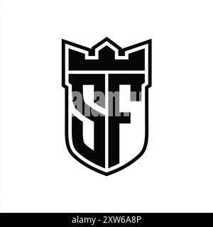 Logo SF lettre avec forme de bouclier avec couronne géométrique à l'intérieur du contour noir sur fond blanc modèle design Banque D'Images