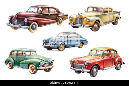 aquarelle voitures vintage isolées sur fond blanc. Voitures rétro. Illustration vectorielle, voiture classique vintage Illustration de Vecteur