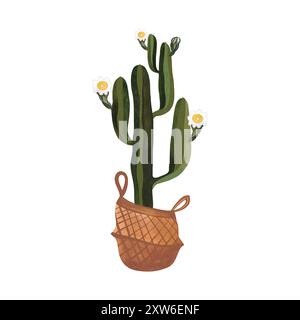 Cactus dans un panier en osier. Plantes pour la maison. Floriculture. Décoration intérieure. Illustration d'aquarelle isolée sur fond blanc. Clipart. Banque D'Images