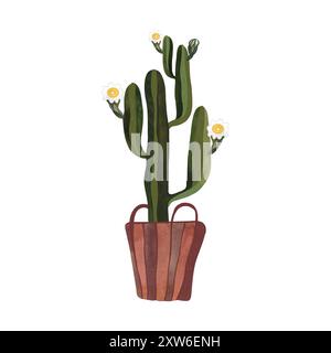 Cactus dans un panier en osier. Plantes pour la maison. Floriculture. Décoration intérieure. Illustration d'aquarelle isolée sur fond blanc. Clipart. Banque D'Images