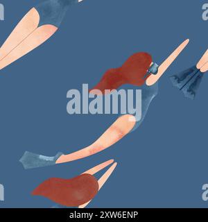 Motif sans couture avec des femmes flottantes dans un style vintage. Natation. Illustration aquarelle sur fond bleu Banque D'Images