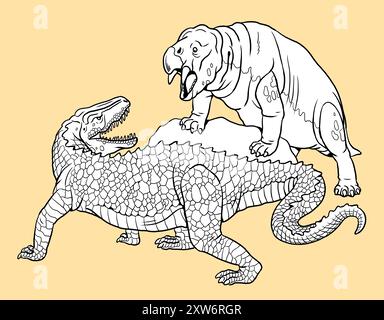 Le dinosaure carnivore Postosuchus attaque les Placerias. Les dinosaures se battent pour colorer. Dessin avec des animaux préhistoriques. Banque D'Images