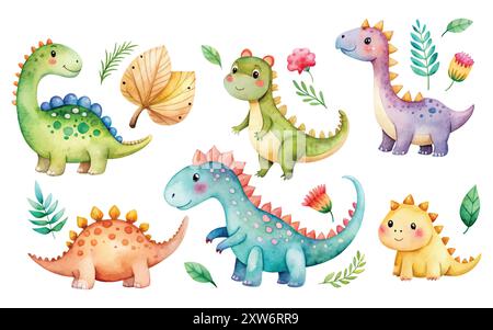 ensemble drôle de dinosaure aquarelle mignon sur l'illustration vectorielle de fond blanc Illustration de Vecteur