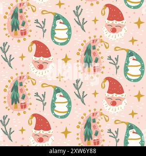 Motif sans couture de boules de Noël. Joyeux nouvel an Paisley fond sans fin. Couverture de répétition d'esprit festif. Père Noël et bonhomme de neige avec surface continue d'arbre de Noël. Illustration vectorielle plate. Illustration de Vecteur