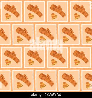 Écharpe et bonnet à carreaux sans couture. Boîte à bento Cozy fond de répétition chaud. Foulards et chapeau rétro timbres de poste design sans fin. Illustration plate dessinée à la main de vecteur. Illustration de Vecteur