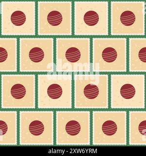 Patchwork de balle de cricket sans couture. Fond de répétition de boîte Bento. balles de sport rétro timbres de poste design sans fin. Illustration plate dessinée à la main de vecteur. Illustration de Vecteur