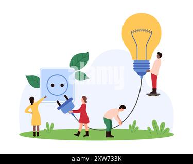 Succès développement d'idées créatives et génération d'innovation, inspiration et brainstorming. De minuscules personnes connectent la fiche et la prise pour commuter l'ampoule dans l'illustration vectorielle de dessin animé d'alimentation Illustration de Vecteur