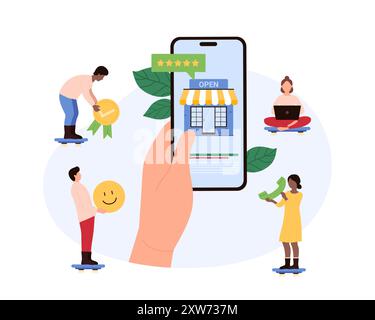 Les clients interagissent avec une plate-forme d'achat en ligne via des appareils mobiles. Main tenant un smartphone avec une vitrine numérique et un système de classement affiche une illustration vectorielle bien en vue. Illustration de Vecteur