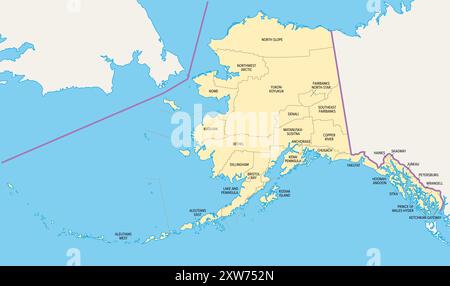 Alaska, état américain, carte politique, subdivisée en 19 arrondissements organisés et 11 zones de recensement. État de la région ouest des États-Unis. Banque D'Images