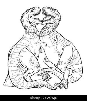 Combat entre deux Tyrannosaurus Rex. Bataille de dinosaures pour colorer. Dessin avec des animaux préhistoriques. Banque D'Images