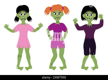 Collection de filles zombies. Mise en place pour Halloween. Illustration vectorielle plate de dessin animé. Illustration de Vecteur