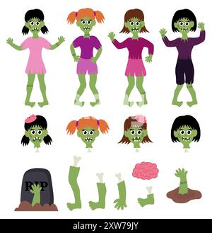 Grande collection de filles zombies. Mise en place pour Halloween. Illustration vectorielle plate de dessin animé. Illustration de Vecteur