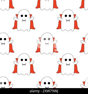 Modèle sans couture avec fantôme mignon d'Halloween en costume Dracula. Illustration vectorielle plate. Illustration de Vecteur