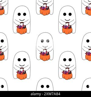 Motif sans couture avec fantôme d'Halloween mignon tenant la citrouille avec des bonbons. Arrière-plan du personnage de vacances. Illustration vectorielle plate. Illustration de Vecteur