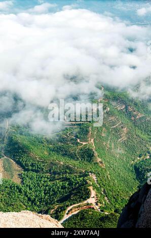 Vue sur le paysage verdoyant du sommet de la montagne à travers les nuages Banque D'Images