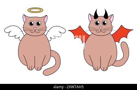 Chats mignons d'Halloween en costumes. Ange et démon. Personnages kawaii des fêtes. Illustration vectorielle plate. Illustration de Vecteur