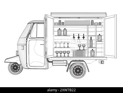 Camion d'alcool contour, bar extérieur. Vendeur de rue vendant des boissons, boissons au comptoir de caravane. Barman à la fenêtre d'une barre d'alcool mobile à roues. FLA Illustration de Vecteur