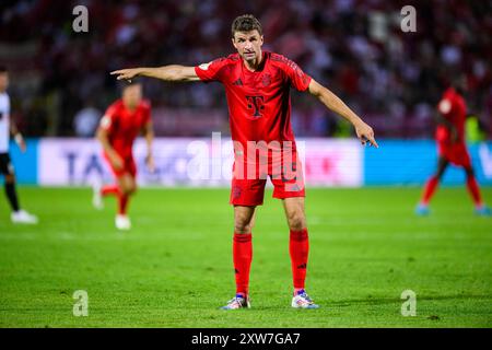 Ulm, Allemagne. 16 août 2024. Football : DFB Cup, SSV Ulm 1846 - Bayern Munich, 1er tour, Donaustadion. Thomas Müller de Munich gesticulate. Crédit : Tom Weller/dpa/Alamy Live News Banque D'Images