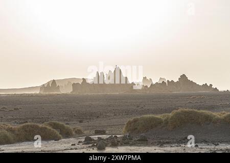 Paysage lunaire de cheminées calcaires formations rocheuses géologiques dans un coucher de soleil rayons au fond du lac salé séché Abbe, Djibouti Banque D'Images