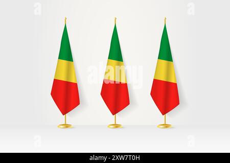 Trois drapeaux du Congo dans une rangée sur un stand doré, illustration de conférence de presse et autres réunions. Illustration vectorielle. Illustration de Vecteur