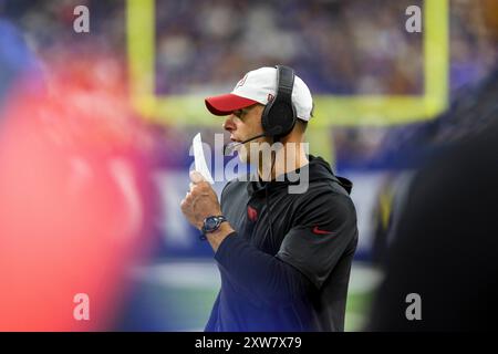 17 août 2024 : Jonathan Gannon, entraîneur-chef des Arizona Cardinals, lors d'un match de pré-saison de la NFL contre les Colts d'Indianapolis au Lucas Oil Stadium à Indianapolis, Indiana. John Mersits/CSM. Banque D'Images