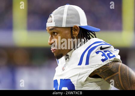 17 août 2024 : sécurité des Colts d'Indianapolis Julian Blackmon (32) lors d'un match de pré-saison de la NFL contre les Arizona Cardinals au Lucas Oil Stadium à Indianapolis, Indiana. John Mersits/CSM. Banque D'Images