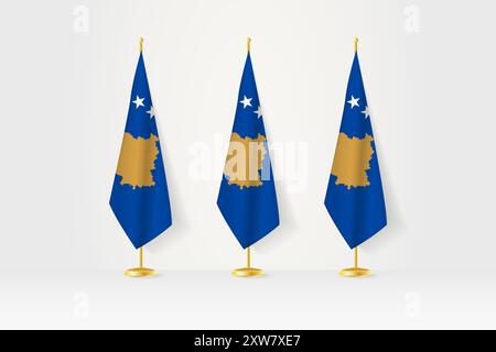 Trois drapeaux du Kosovo à la suite sur un stand doré, illustration d'une conférence de presse et d'autres réunions. Illustration vectorielle. Illustration de Vecteur