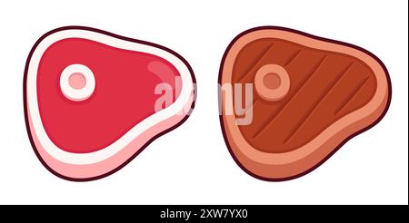 Icône de dessin animé de steak cru et grillé, morceau de viande avec os. Illustration clip art vectorielle isolée. Illustration de Vecteur