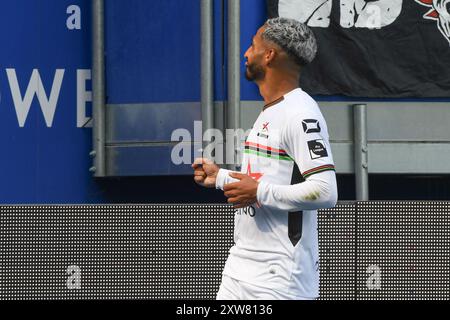 Youssef Maziz de l'OHL célèbre après avoir marqué lors d'un match de football entre OH Louvain et cercle Bruges, dimanche 18 août 2024 à Louvain, au quatrième jour de la saison 2024-2025 de la première division du championnat belge 'Jupiler Pro League'. BELGA PHOTO JILL DELSAUX Banque D'Images