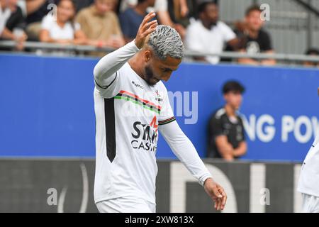 Youssef Maziz de l'OHL célèbre après avoir marqué lors d'un match de football entre OH Louvain et cercle Bruges, dimanche 18 août 2024 à Louvain, au quatrième jour de la saison 2024-2025 de la première division du championnat belge 'Jupiler Pro League'. BELGA PHOTO JILL DELSAUX Banque D'Images