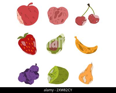 pourriture pourrie pourriture pourrie décomposée jonque toxique sale périmée gâtée pourrie malsaine pomme abricot cerise fraise avocat banane raisin baies kiwi Illustration de Vecteur