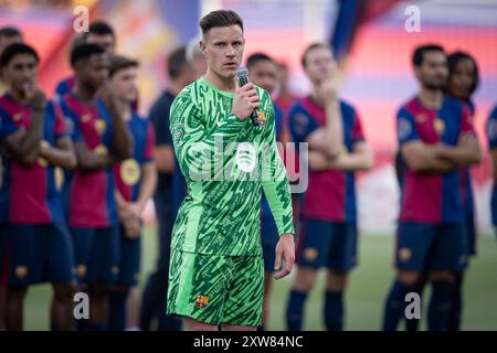 Le gardien Marc-André ter Stegen (FC Barcelone) vu lors d'un match du Trophée Joan Gamper entre le FC Barcelone et L'AS Monaco à l'Estadi Olimpic Lluís Company. Score final ; FC Barcelone 0:3 AS Monaco Banque D'Images