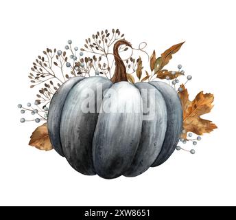 Citrouille noire avec des feuilles, des feuilles sèches d'automne et des branches. Illustration d'aquarelle dessinée à la main dans le style d'automne. Convient pour différentes vacances, Hallow Banque D'Images