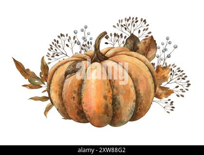 Citrouille orange avec feuilles sèches d'automne, baies, branches. Composition d'aquarelle à la main dans le style d'automne. Pour le décor, les cartes, les affiches d'automne, Thanksgiv Banque D'Images