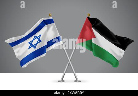 Deux drapeaux ondulés croisés de Palestine et d'Israël, signe de l'américain et des relations Banque D'Images