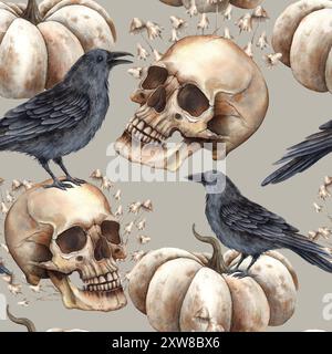 Crâne humain, corbeau noir, champignons vénénéneux, citrouille blanche. Motif aquarelle sur un fond gris dans le style gothique. Convient pour Halloween et Banque D'Images