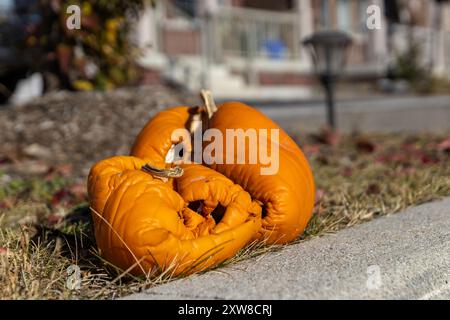 Scène automnale avec deux citrouilles orange pourries dégonflées sur un trottoir de banlieue - pourriture saisonnière - toile de fond résidentielle. Prise à Toronto, Canada. Banque D'Images