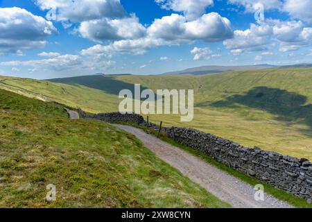 Une route de gravier serpente à travers des collines verdoyantes, avec un mur de pierre sur le côté droit de la route. Banque D'Images